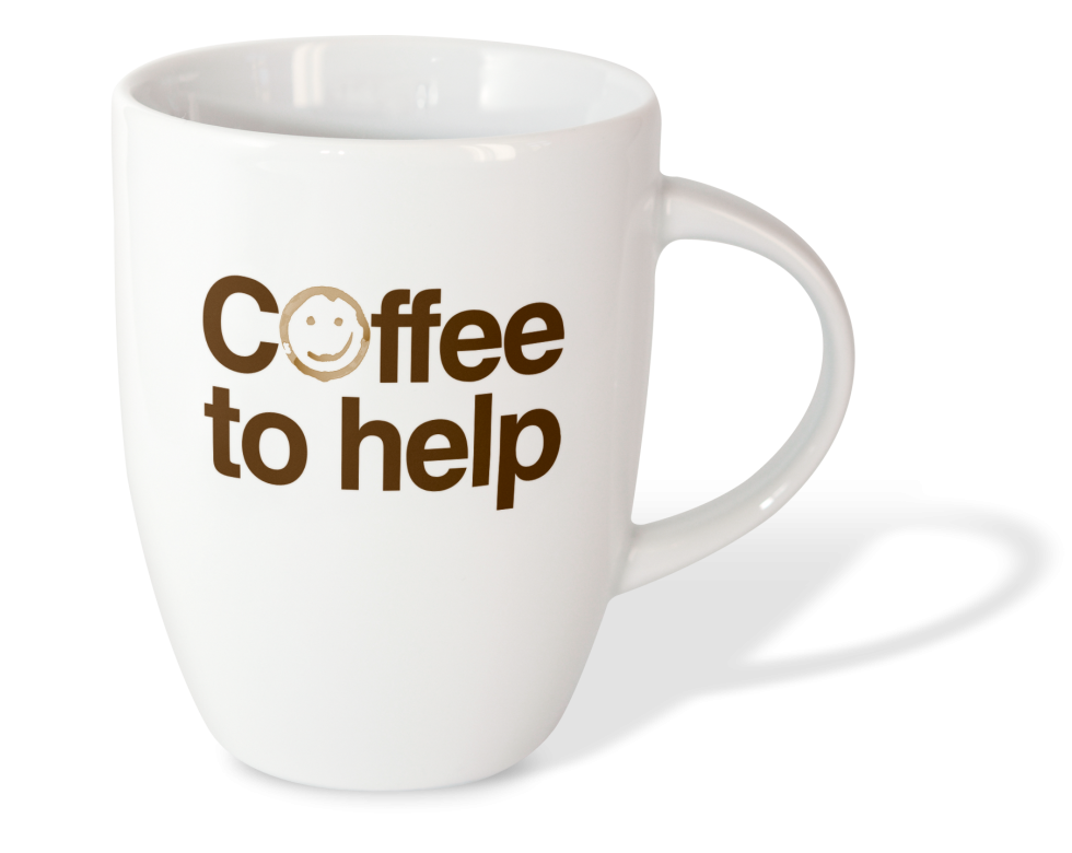 Ein weißer Becher mit dem Text „Coffee to help“ und einem Smiley, ideal für Kaffeeliebhaber, die positive Energie suchen.