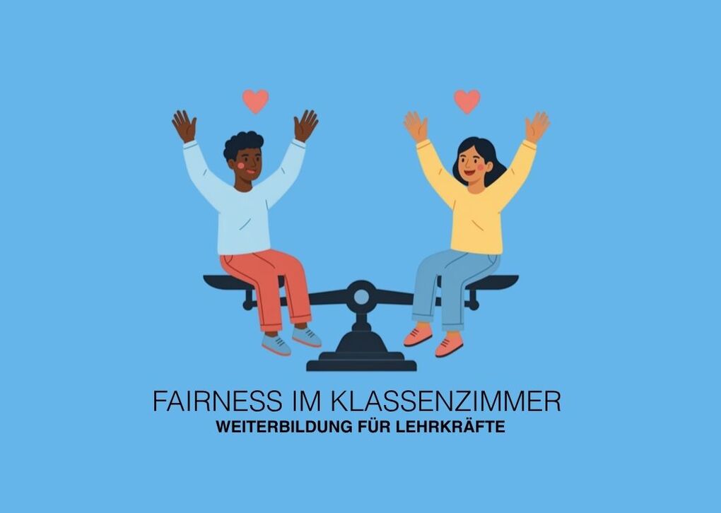 Die Grafik zum Workshop "Welt, Geld und Wir" zeigt eine männlich gelesene Person auf der linken Seite einer Waage und eine weiblich gelesene Person auf der rechten Seite der Waage mit erfreutem Gesichtsausdruck, werfen sie die Hände in die Luft
