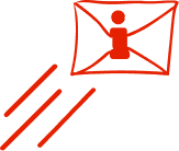 Rotes Symbol einer nach rechts fliegenden Nachricht mit einer Person im Umschlag