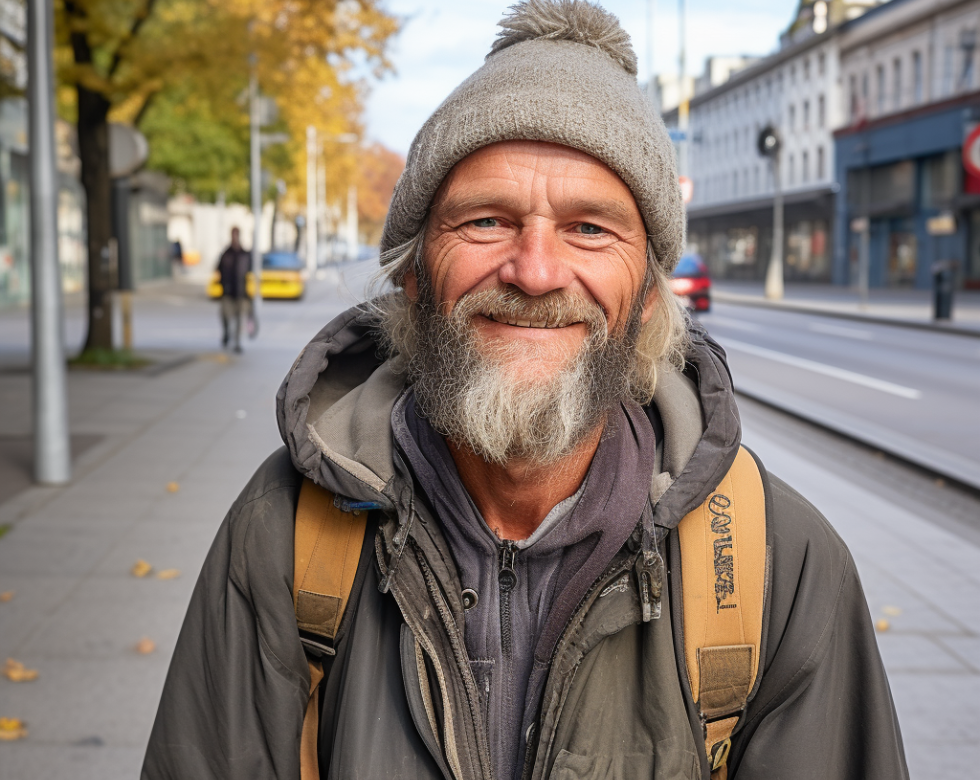 Ein lächelnder älterer Mann mit einem Bart und einer Mütze steht auf einer Stadtstraße, umgeben von herbstlichen Bäumen und Gebäuden.