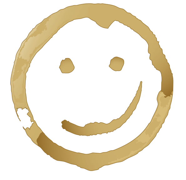 Ein einfaches, goldfarbenes lächelndes Gesicht auf schwarzem Hintergrund. Minimalistisches Design mit klaren Linien.