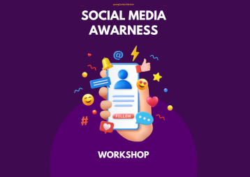Ein bunter Workshop zum Bewusstsein für soziale Medien mit Symbolen wie @, einem Profil und positiven Emojis.