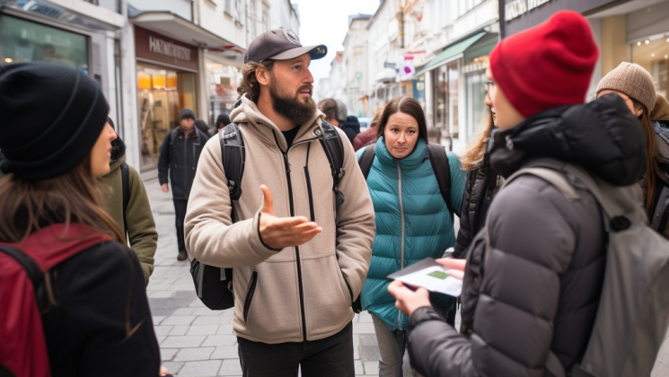 Eine Gruppe von Touristen hört einem Stadtführer zu, während sie auf einer belebten Straße stehen.
