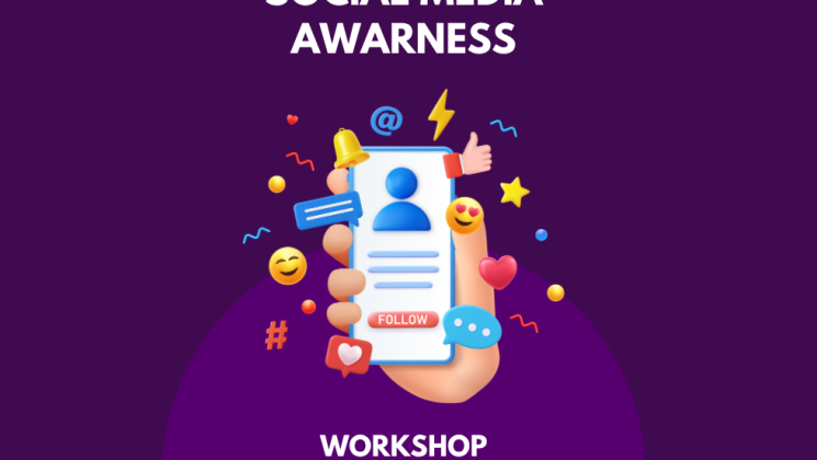 Ein bunter Workshop zum Bewusstsein für soziale Medien mit Symbolen wie @, einem Profil und positiven Emojis.