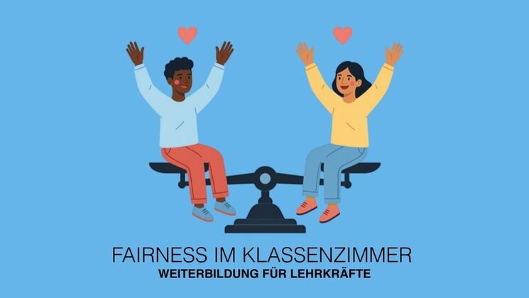 Die Grafik zum Workshop "Welt, Geld und Wir" zeigt eine männlich gelesene Person auf der linken Seite einer Waage und eine weiblich gelesene Person auf der rechten Seite der Waage mit erfreutem Gesichtsausdruck, werfen sie die Hände in die Luft